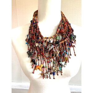 Multicolor Beaded Fetish Necklace Carved Stone Animals